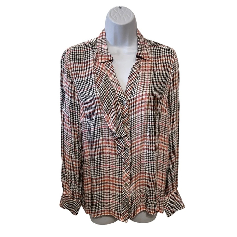 JJill Plaid Ruffle Front Button Up Long Sleeve Blouse Women Size Small
